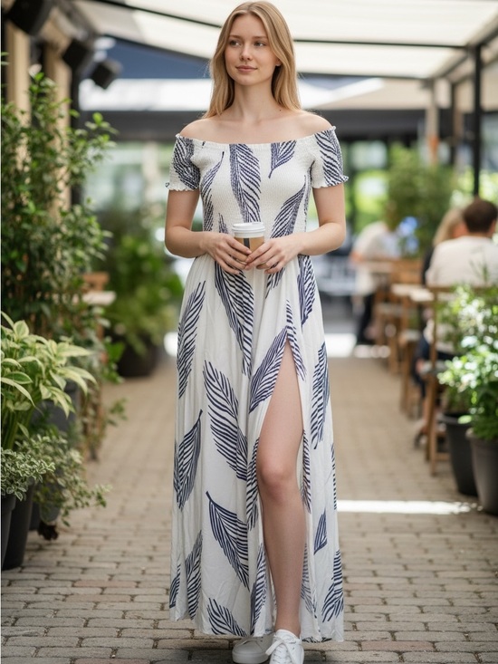 fab'rik Dresses & Skirts - fab'rik Off-Shoulder White Maxi Dress with Navy Leaf Print